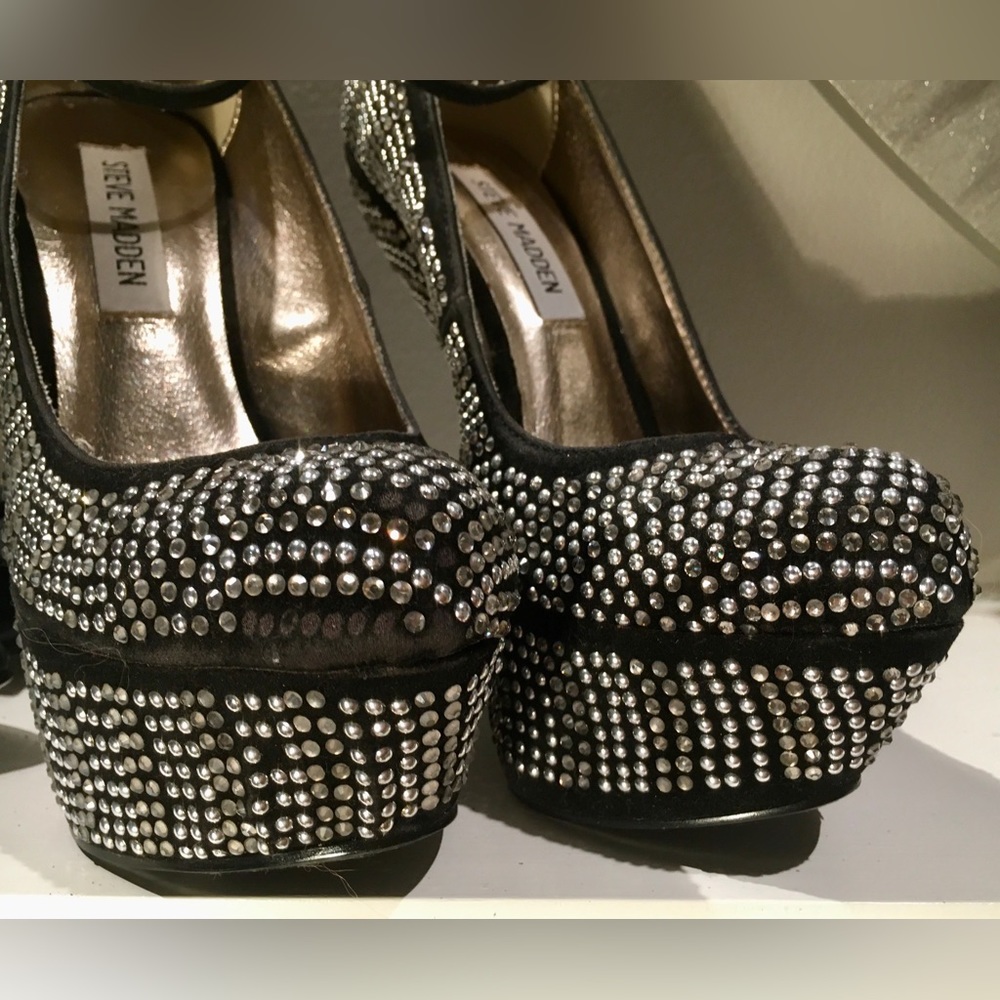 STEVE MADDEN GOSSIP Black Silver Metallic platform Sculpted heels Geometric SZ 6 - Picture 4 of 10